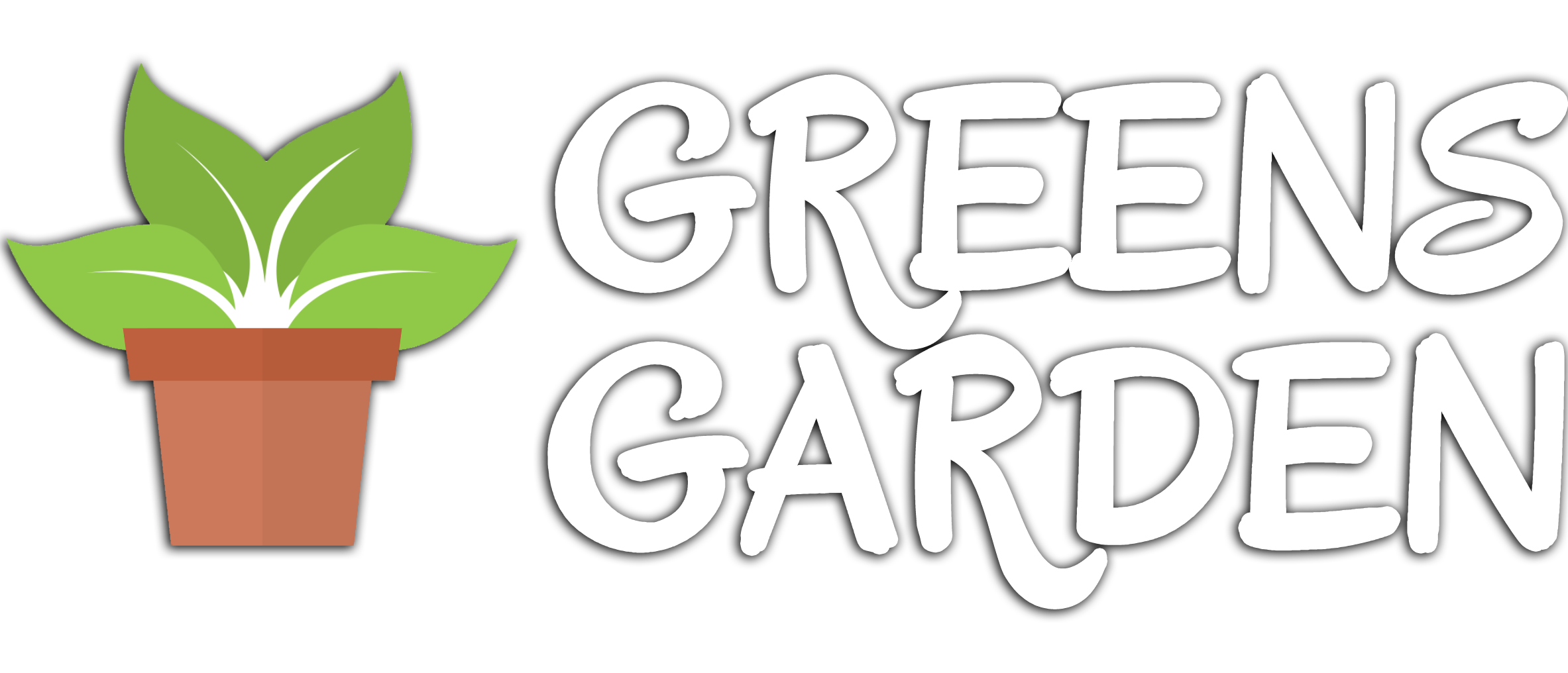 Greens garden logo, with a pot and leafs on the left and text on the right